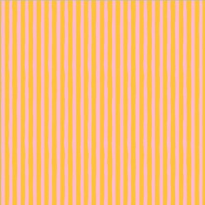 Pode incluir: Um padrão repetitivo de listras verticais em tons alternados de amarelo brilhante e rosa pastel suave. As linhas são desenhadas à mão com bordas ligeiramente irregulares e onduladas que percorrem consistentemente de cima para baixo do quadro.