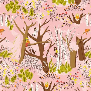 May include: A repeating fabric pattern on a light pink background featuring stylized brown and white birch trees, green ferns, yellow and red wildflowers, and small figures of people climbing trees, sitting on branches, and playing on swings.