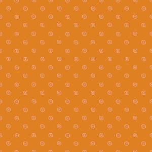 Puede incluir: Una tela de color naranja vibrante con un patrón repetitivo de pequeños motivos circulares blancos dibujados a mano. Cada motivo consiste en una serie de líneas cortas y discontinuas dispuestas en círculo, espaciadas uniformemente.