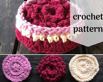 May include: Three crocheted coasters in pink, red, and cream. The coasters are round and have a textured design. The image includes the text "crochet pattern".