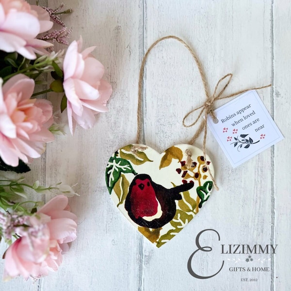 Robin Wooden Hanging Heart Gift. With Sympathy Bereavement Memory Gift. Christmas Ivy Emma Bridgewater Design.
