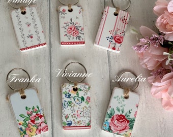 Personalised Wooden Key Fobs | Floral Greengate Designs | Decoupaged | Gift