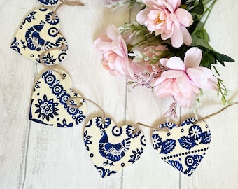 Blue Hen Heart Bunting | Country Cottage Themed Handmade Wooden Hearts | Heart Garland | Emma Bridgewater Decoupaged