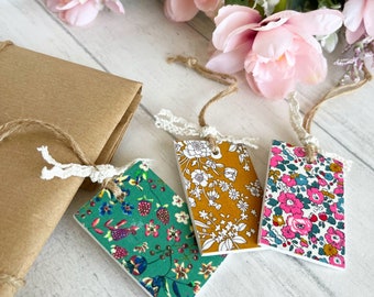 Liberty Fabric Gift Tags made with Liberty Tana Lawn Fabric Scraps. Eco Wooden Gift Tags. Hanging Decorations. Gift Wrapping Accessories.