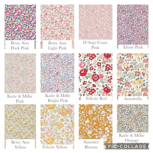 May include: A collage of 12 different Liberty of London fabric prints. The prints feature various floral patterns in pink, red, yellow, and orange. The names of the prints are listed below each image.
