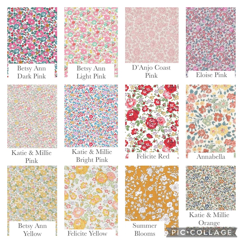 May include: A collage of 12 different Liberty of London fabric prints. The prints feature various floral patterns in pink, red, yellow, and orange. The names of the prints are listed below each image.