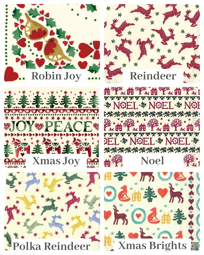 Puede incluir: Una colecci&oacute;n de seis servilletas de papel cuadradas con motivos navide&ntilde;os. Los dise&ntilde;os incluyen petirrojos con corazones, renos rojos, &aacute;rboles con el texto JOY PEACE, casas con el texto NOEL, renos multicolores e iconos festivos como zorros y &aacute;rboles.