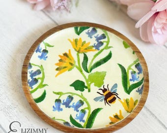 Wooden Trinket Jewellery Dish Decoupaged in Emma Bridgewater Bluebell and Celandine Design. Wood Dish Home Decor Spring Summer. Bee Gift