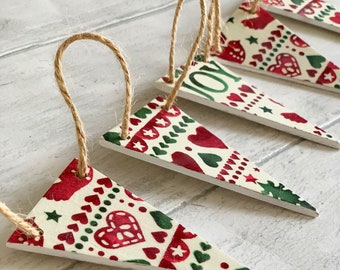 Handmade Wooden Christmas Bunting Decoupaged in Emma Bridgewater Designs. Robin, Reindeer, Festive Designs.