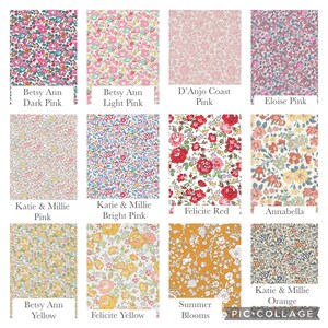 May include: A collage of 12 different floral fabric patterns. The patterns include a variety of colors and designs, including pink, red, yellow, and orange. The fabrics are all Liberty of London prints.