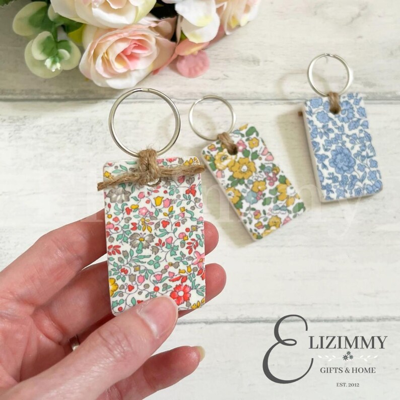 Liberty Wooden Key Rings, Liberty of London Tana Lawn Fabric Covered Wooden Key Fobs, Liberty Key Rings, Key Chains, Token Gift for Her image 2