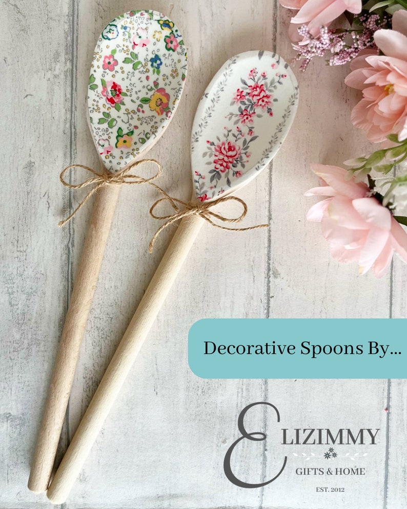 Pretty Floral Decorative Wooden Spoons Greengate Decoupaged Designs. Utensil Decoration. Kitchen Centre Piece Decor. Country Kitchen. image 2