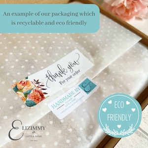 May include: A white and blue eco-friendly packaging with a thank you note and a floral sticker. The packaging is decorated with white polka dots. The text on the sticker reads "Thank you for your order." The text on the sticker reads "Handmade by Elizimmy Gifts & Home". The text on the sticker reads "Eco Friendly".