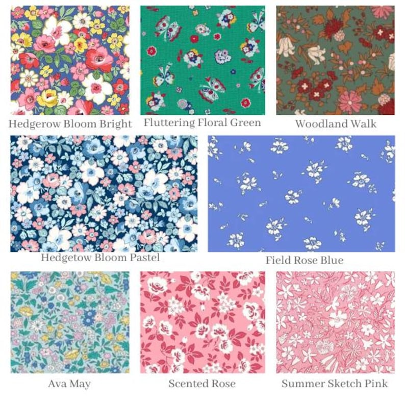 May include: A collection of fabric swatches featuring floral patterns in various colors, including blue, green, pink, and white. The swatches are labeled with names like "Hedgetow Bloom Pastel", "Field Rose Blue", and "Summer Sketch Pink".