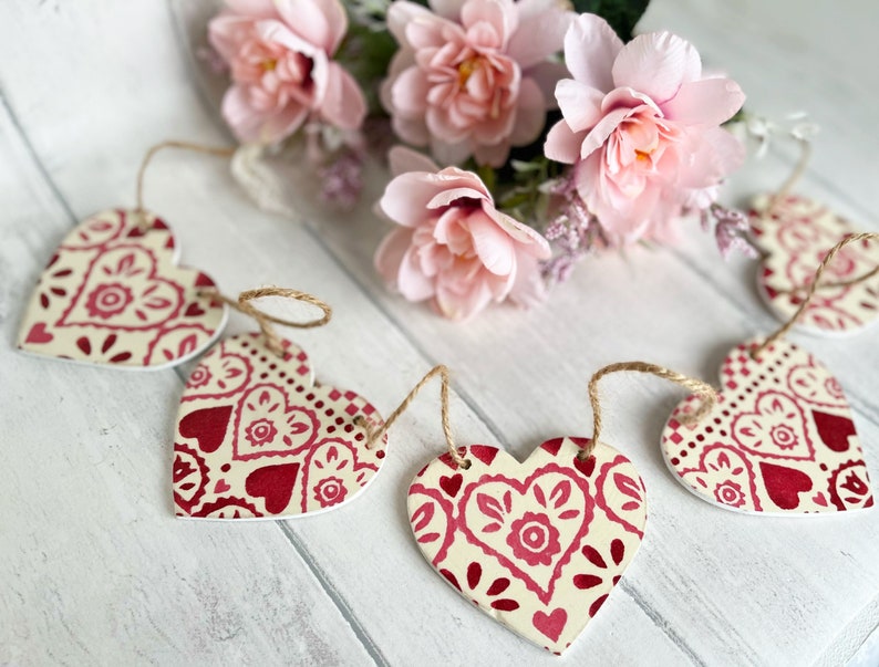 Handmade Wooden Heart Bunting Heart Garland Emma Bridgewater Red Sampler Decoupaged image 4