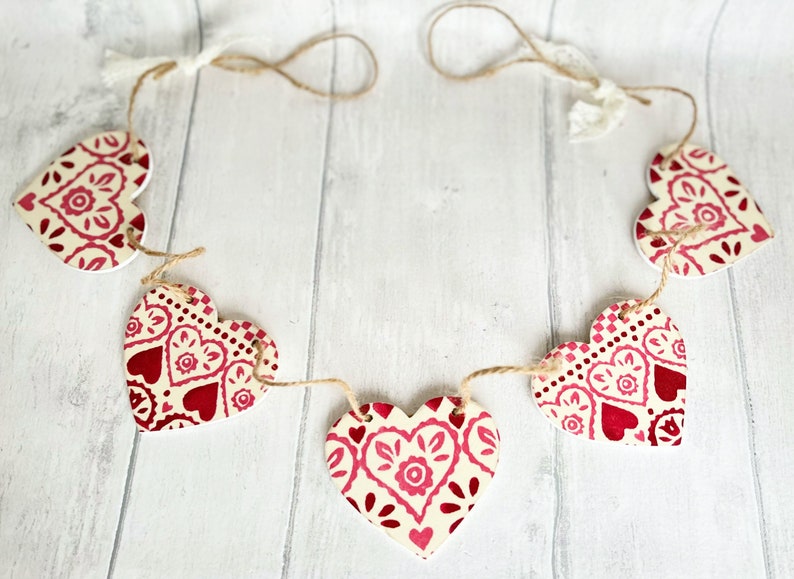 Handmade Wooden Heart Bunting Heart Garland Emma Bridgewater Red Sampler Decoupaged image 5