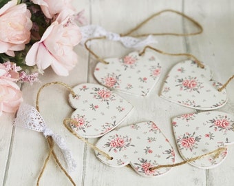 Pretty Floral Wooden Heart Bunting Greengate Decoupaged