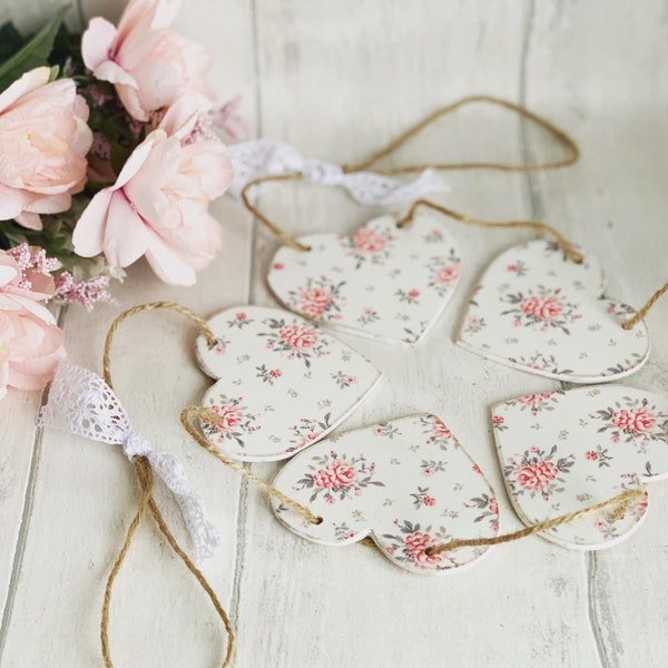 Pretty Floral Wooden Heart Bunting Greengate Decoupaged