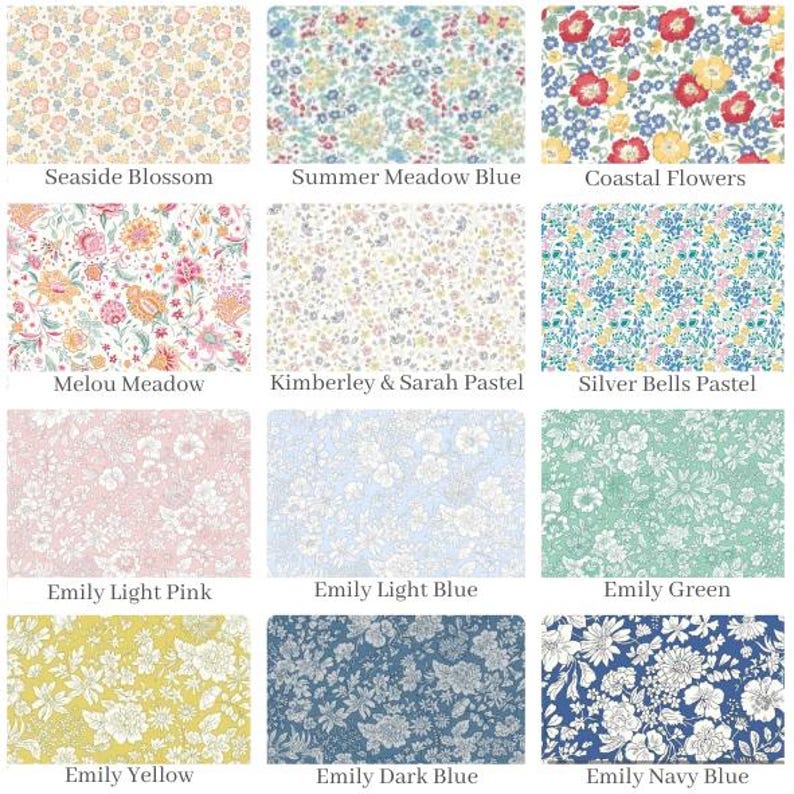 May include: A collage of 12 different floral fabric patterns. The patterns are all white with various colored flowers. The patterns include Seaside Blossom, Summer Meadow Blue, Coastal Flowers, Melou Meadow, Kimberley & Sarah Pastel, Silver Bells Pastel, Emily Light Pink, Emily Light Blue, Emily Green, Emily Yellow, Emily Dark Blue, and Emily Navy Blue.