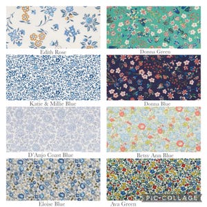 May include: A collage of ten fabric swatches with floral patterns in various colors, including blue, green, white, and red. Each swatch is labeled with a name, such as "Edith Rose", "Donna Green", and "Katie & Millie Blue".