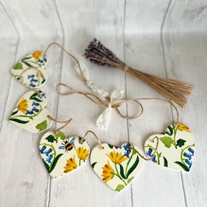 Heart Bunting Spring Themed Handmade Wooden Hearts | Heart Garland | Bluebell and Celandine | Emma Bridgewater Decoupaged