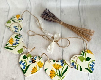 Heart Bunting Spring Themed Handmade Wooden Hearts | Heart Garland | Bluebell and Celandine | Emma Bridgewater Decoupaged