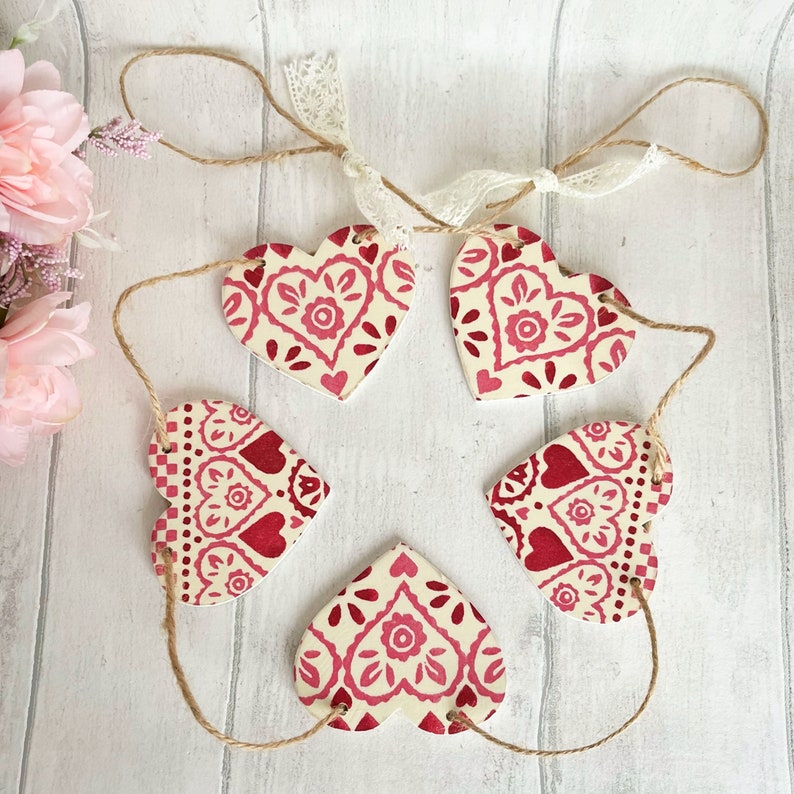 Handmade Wooden Heart Bunting Heart Garland Emma Bridgewater Red Sampler Decoupaged image 2