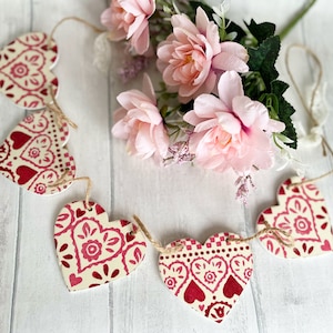 Handmade Wooden Heart Bunting | Heart Garland | Emma Bridgewater Red Sampler Decoupaged