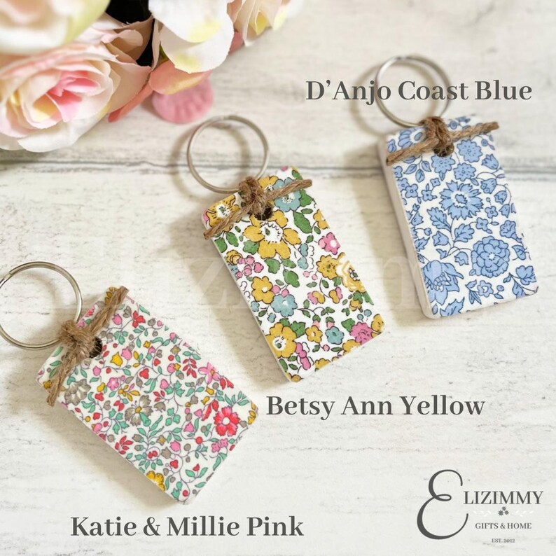 Liberty Wooden Key Rings, Liberty of London Tana Lawn Fabric Covered Wooden Key Fobs, Liberty Key Rings, Key Chains, Token Gift for Her image 3