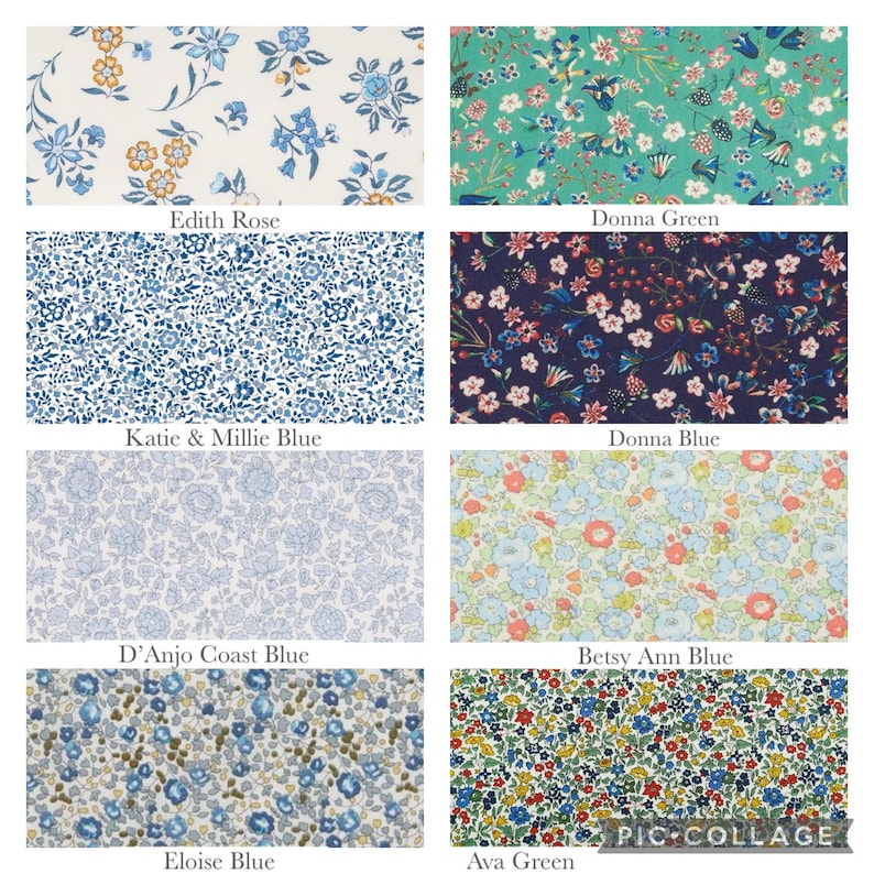 May include: A collage of nine fabric swatches with floral patterns in various colors, including blue, green, white, and pink. The swatches are labeled with names like "Edith Rose", "Donna Green", and "Katie & Millie Blue".
