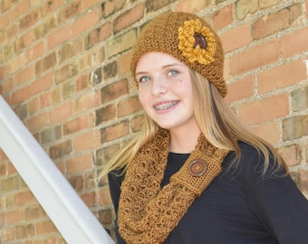 Sunflower crochet hat and scarf set