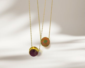 18k Gold Natürliche Rubin Anhänger Runde Cabochon Halskette, Minimalist Emaille Schmuck, Birthstone Halskette, natürliche Edelsteine Schmuck für Frauen