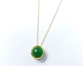 Natürliche Smaragd Cabochon Halskette aus 18K Gold, Emaille auf Rückseite, 16 oder 18 Zoll Edelstein Anhänger Halskette, Grüner Stein Feiner Schmuck