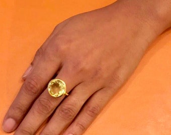 Lemon Quartz Ring, Yellow Quartz Ring, Round Bezel Gemstone Ring, Minimalist Ring, Statement Ring, Gift For Her, Sterling Silver Ring
