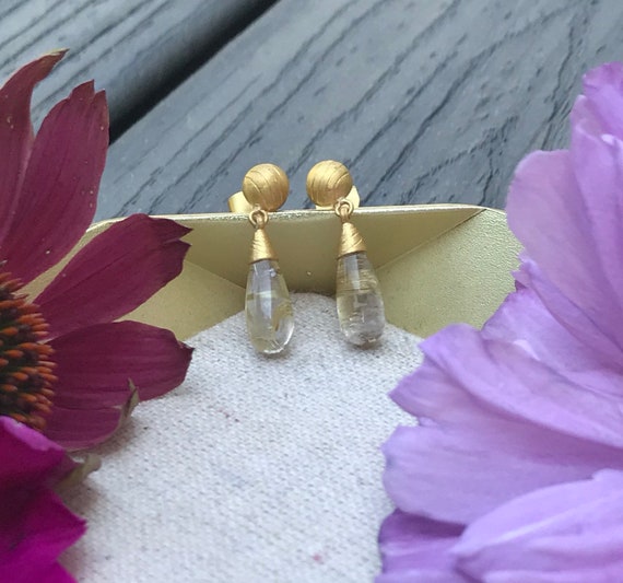 Rutilated Quartz Pendant Necklace and Earrings, 22k Gold Necklace, Gold Earrings, Dainty Necklace, Handmade Jewelry, Gemstone Earrings