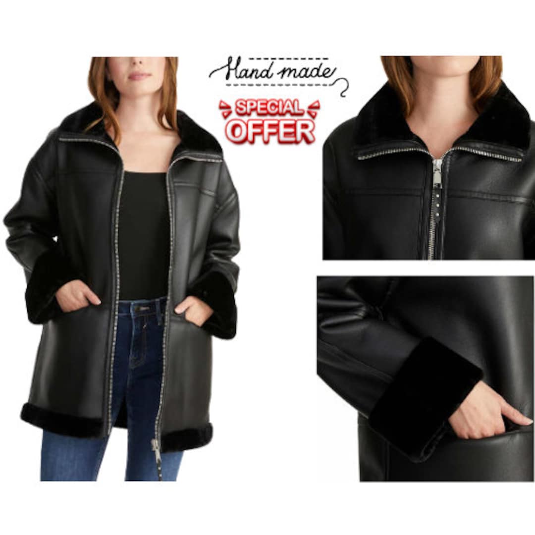 Ladies' Faux Leather Car Coat Black With Full Zip and Two Etsy