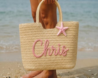 Personalisierte Stroh Strandtasche, Blumen Häkeln Braut Strandtaschen, Monogrammiert Reise Strandtasche, Mädchen Reise Pool Tasche, Junggesellinnenabschied Gefälligkeiten