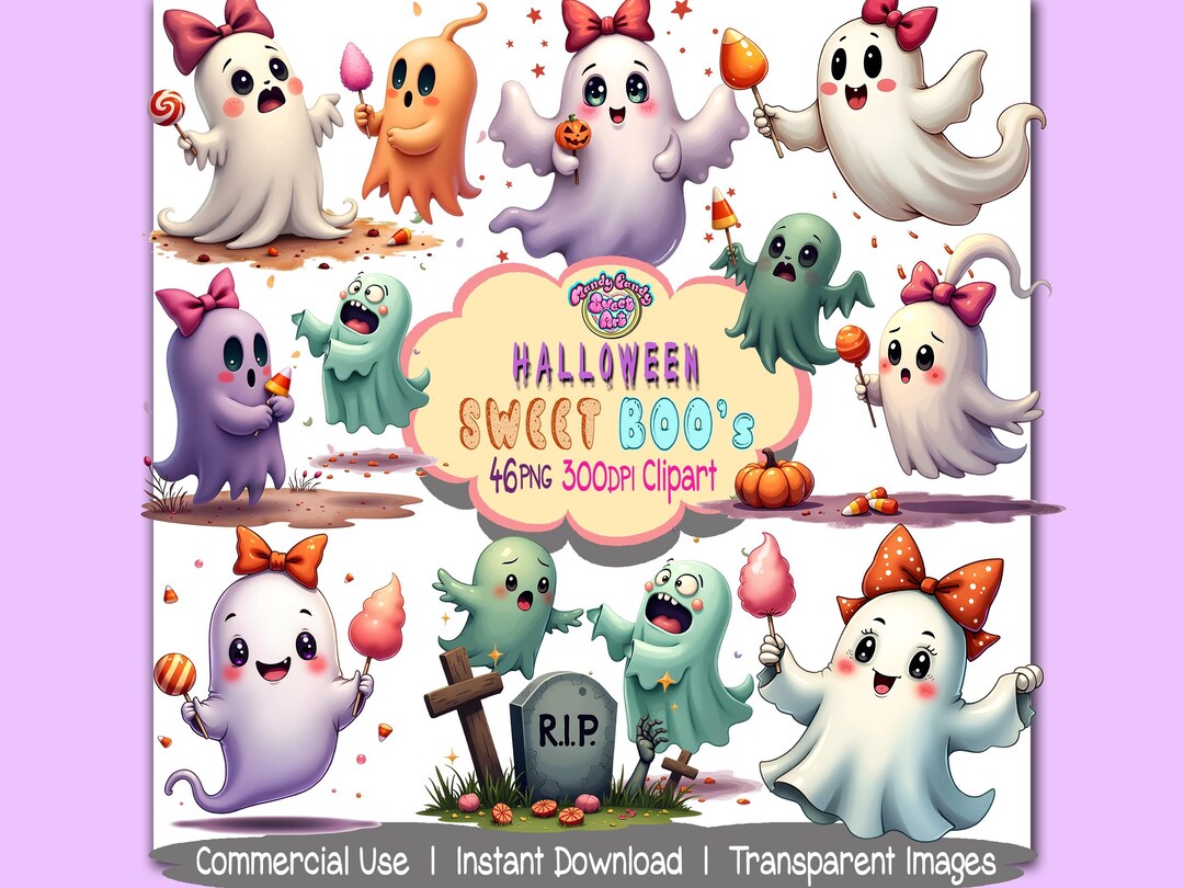 Halloween Sweet Ghosts Clipart Bundle | Cute Kawaii Ghosts | Spooky ...