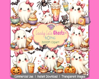 Clipart de fantasma de Halloween kawaii: tema de doces (adesivos digitais)