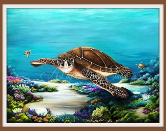 Sea Turtle Art Print, Under The Sea Wall Art, Limited Edition Coral Reef Painting, Coastal Wall Art Beach House Decor, Turtle in Ocean Print