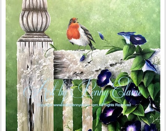 Art Print, Limited Edition, Realism Painting of Songbird and Morning Glories, Fine Art Print of Songbirds