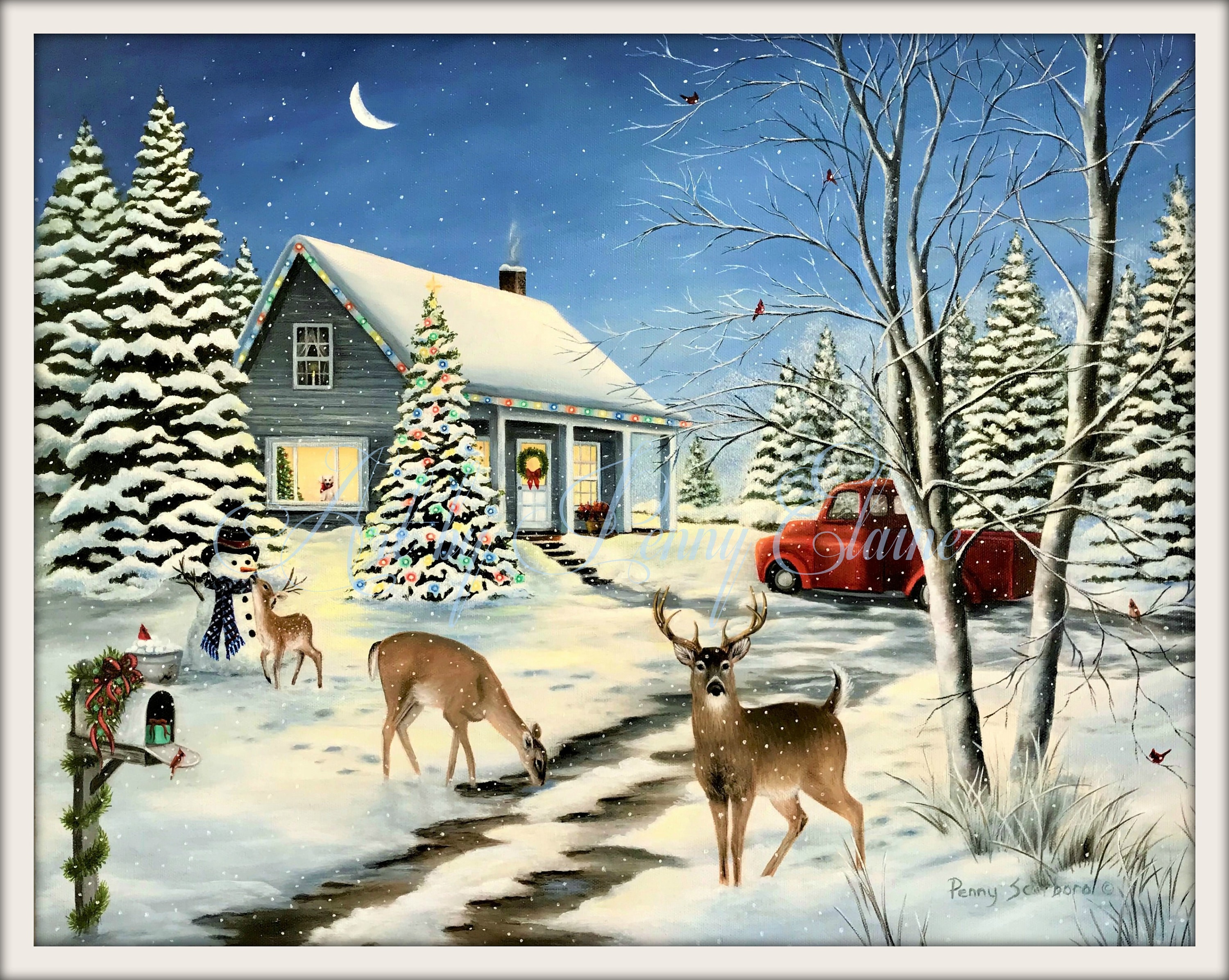 Limited Edition Print, Christmas Snow Scene, Christmas Tree With Lights, House With Christmas ...