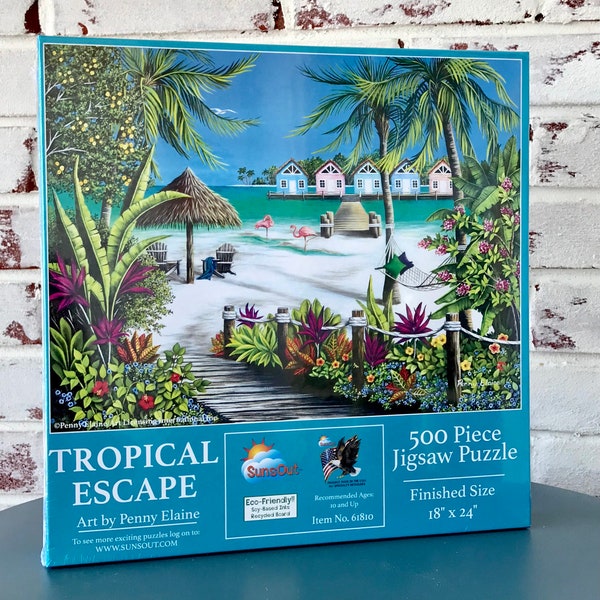 Tropical Beach Puzzle Tropical Painting Coastal Art Beach Huts on Water