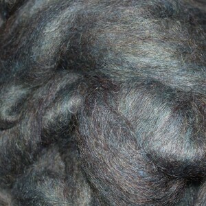 May include: Close-up of a dark green and brown wool roving. The wool is soft and fluffy, with a subtle sheen.