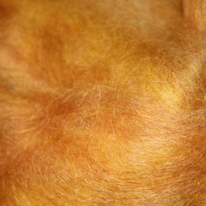 May include: Close-up of a soft, golden yellow fiber. The fiber is fluffy and has a slightly textured surface.