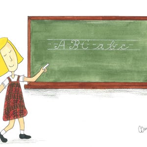 May include: A young girl in a red and black checked dress is writing on a green chalkboard. The chalkboard has the letters "A B C" and "a b c" written on it in cursive. There is a red apple on the ledge of the chalkboard.