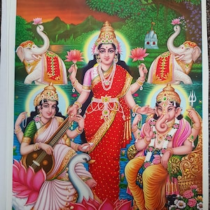 10&quot;x14&quot; Vintage Print of Ganesh, Lakshmi & Saraswati - Diwali Pooja by Jain Picture Publishing