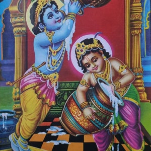 Vintage print of Hindu god Krishna with brother Balaram 12in x 17in