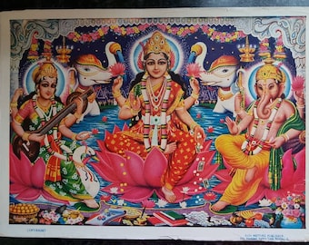 Vintage Print of Diwali Puja 14&quot; x 10&quot; - Lakshmi, Saraswati and Ganesh.