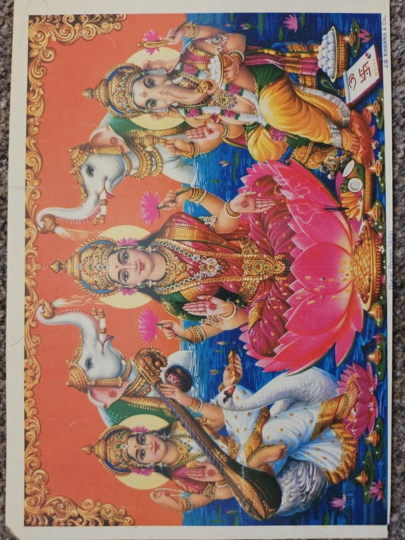 7 X 9 Inch Vintage Print of Lakshmi, Saraswati and Ganesh - Diwali